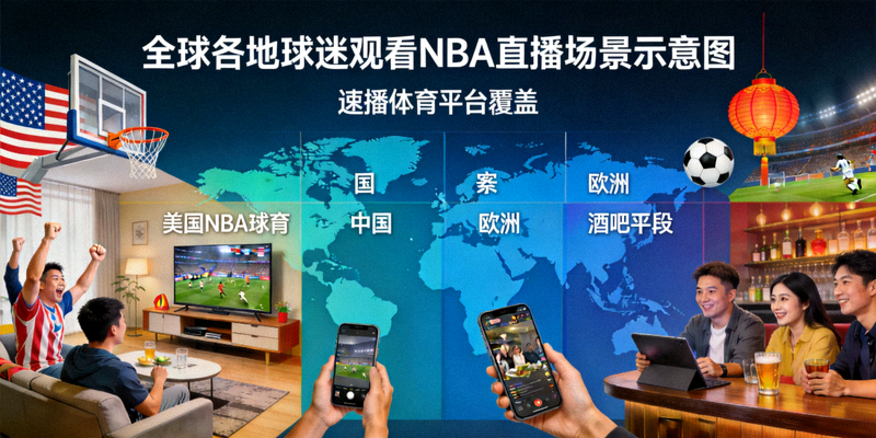 全球各地球迷通过速播体育观看NBA直播的场景示意图
