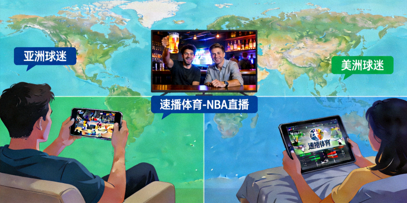 全球各地球迷通过速播体育观看NBA直播的场景示意图