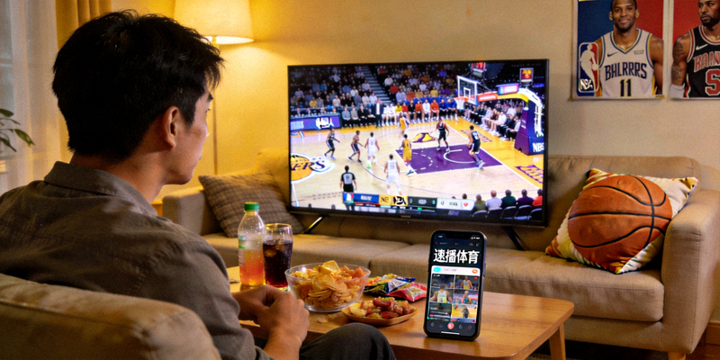 球迷在家中通过速播体育观看NBA直播的温馨场景